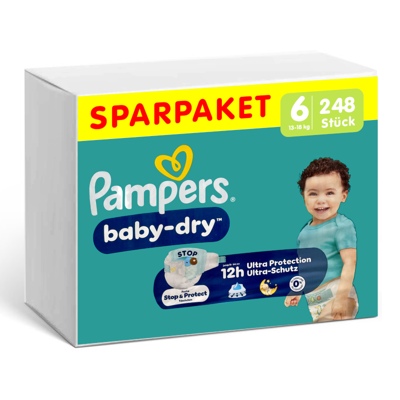 Vorderseite einer Packung Pampers Baby Dry Größe 6.